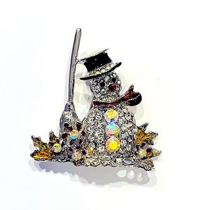 Vintage Snowman Brooch, 2-1/2” x 1-1/2”. Rhinestones & Aurora Borealis crystals.